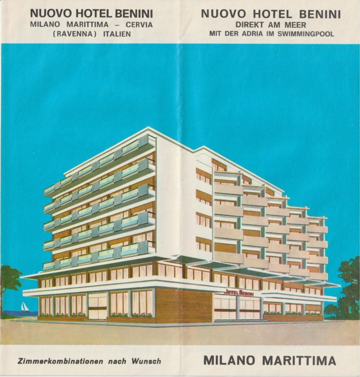 Rendering originale a mano dell’Hotel Benini nel 1968, con vista prospettica dell’edificio appena inaugurato a Milano Marittima, direttamente sul mare Adriatico.